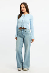 Blue Knit Cardigan Tie Up Long Sleeve