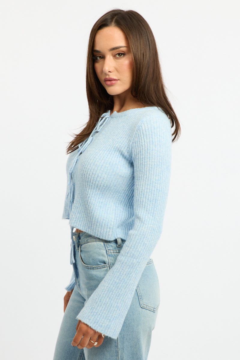 Blue Knit Cardigan Tie Up Long Sleeve
