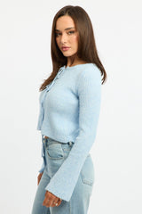Blue Knit Cardigan Tie Up Long Sleeve
