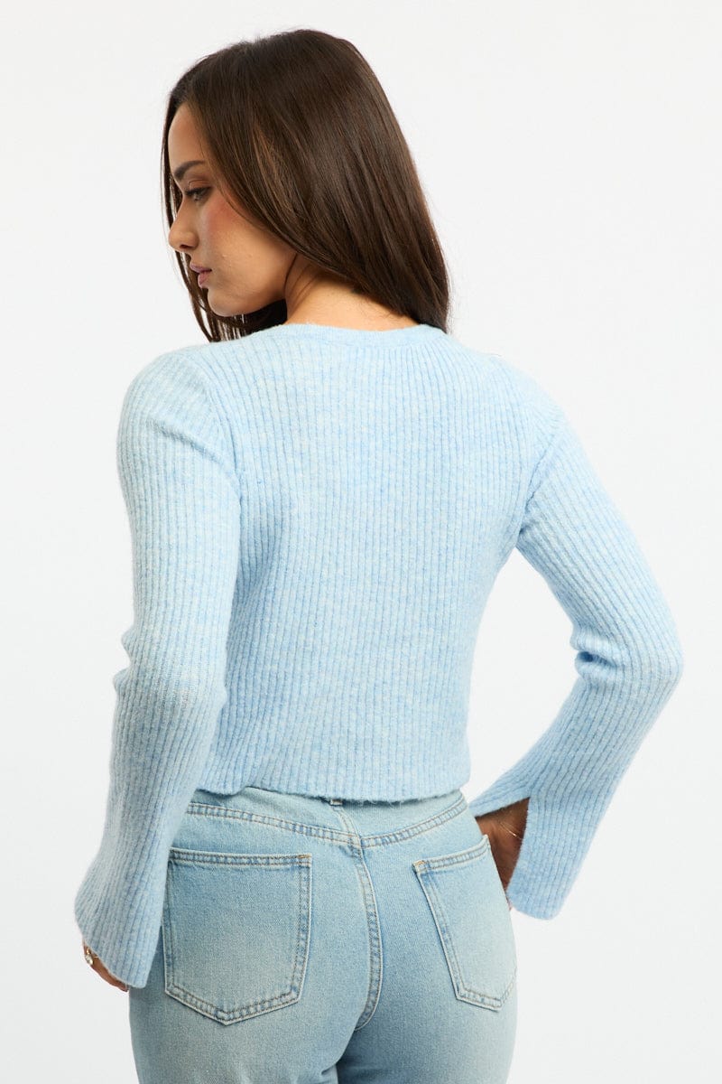 Blue Knit Cardigan Tie Up Long Sleeve