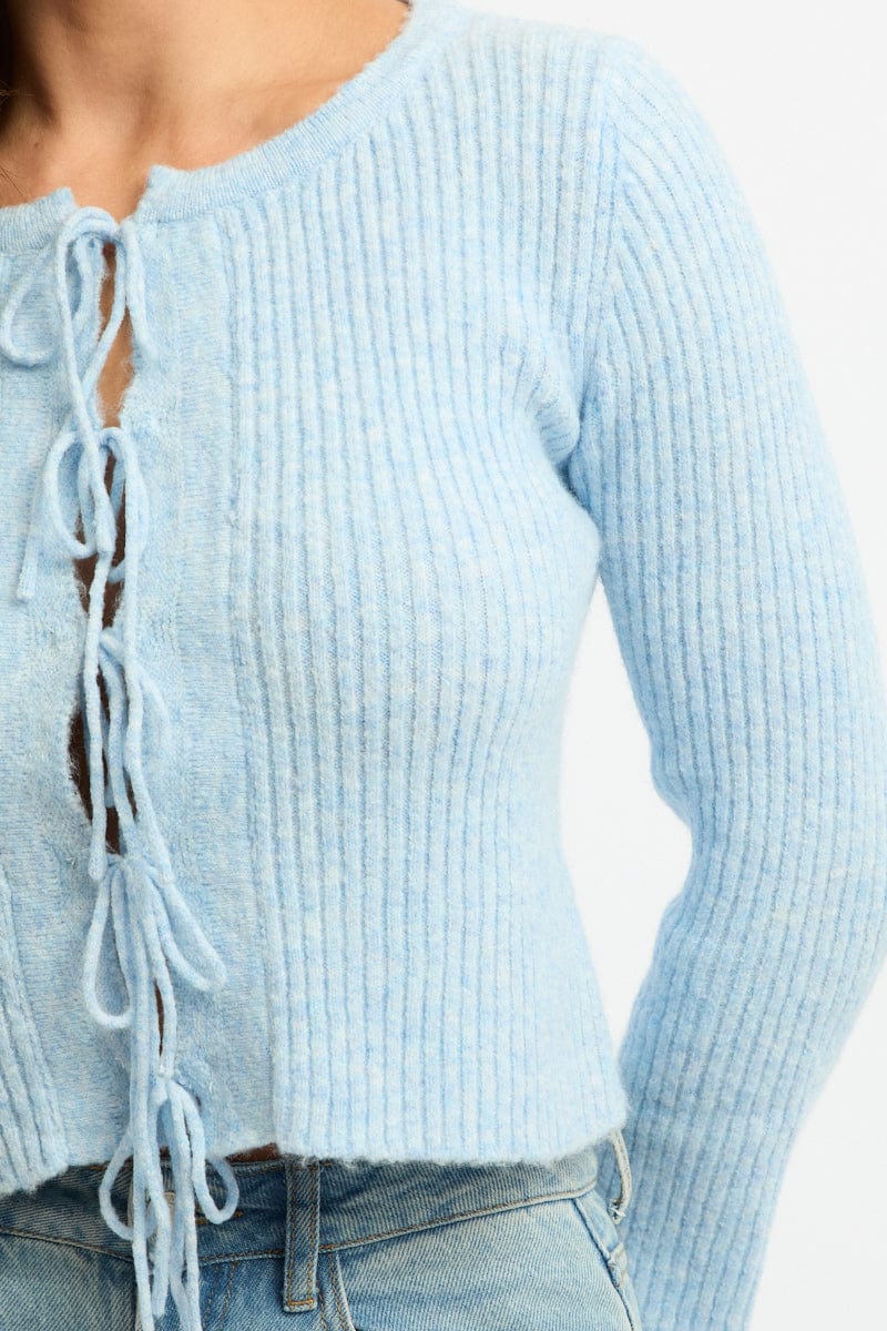 Blue Knit Cardigan Tie Up Long Sleeve