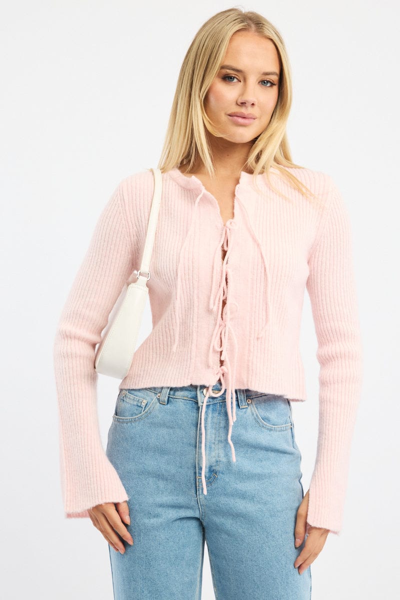 Pink Knit Cardigan Tie Up Long Sleeve
