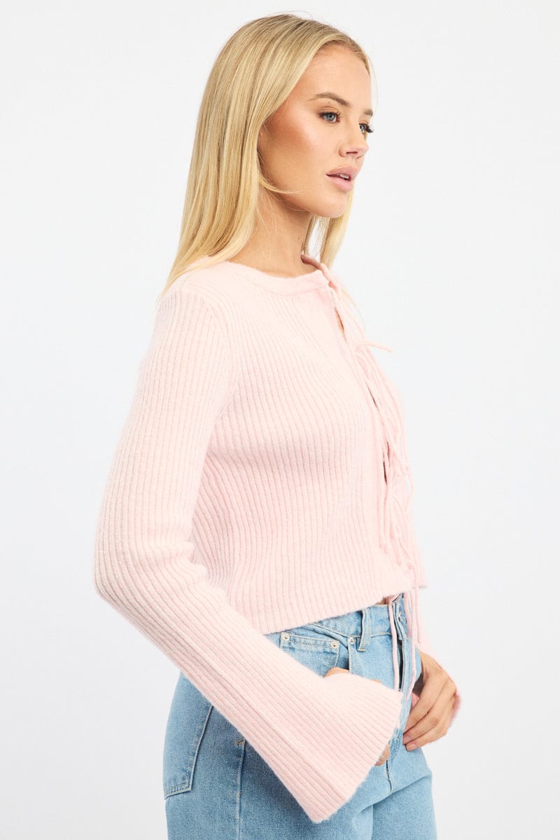 Pink Knit Cardigan Tie Up Long Sleeve