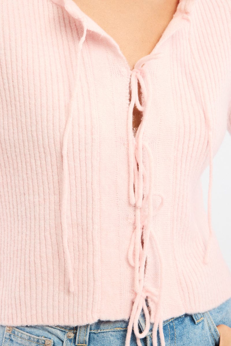 Pink Knit Cardigan Tie Up Long Sleeve