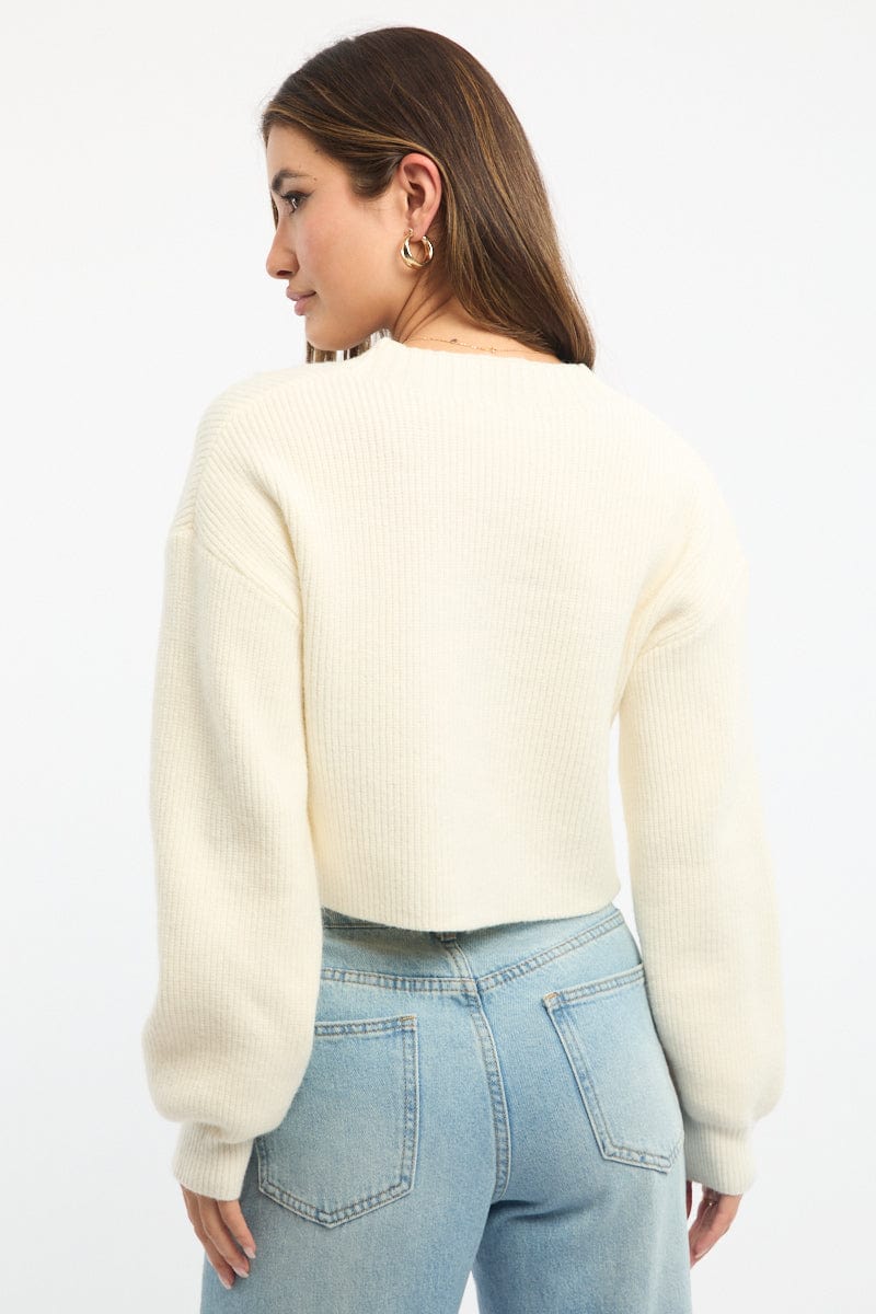 White Oversized Knit Cardigan V-neck