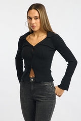 Black Knit Cardigan Collar V-neck Long Sleeve