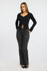 Black Knit Cardigan Collar V-neck Long Sleeve