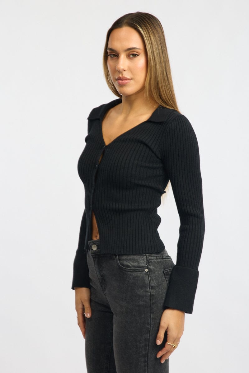 Black Knit Cardigan Collar V-neck Long Sleeve