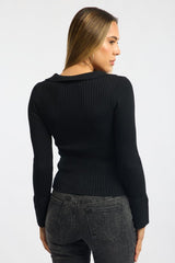 Black Knit Cardigan Collar V-neck Long Sleeve