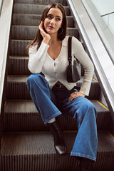 White Knit Cardigan Collar V-neck Long Sleeve