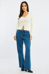 White Knit Cardigan Collar V-neck Long Sleeve