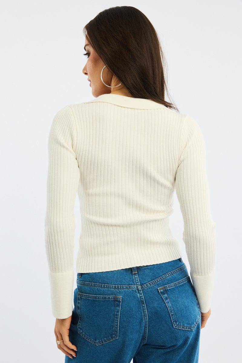 White Knit Cardigan Collar V-neck Long Sleeve