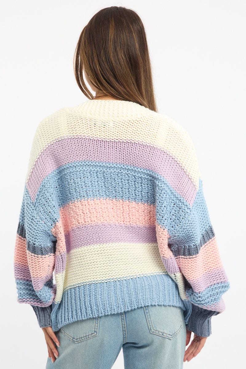 Multi Stripe Oversized Knit Cardigan Long Sleeve