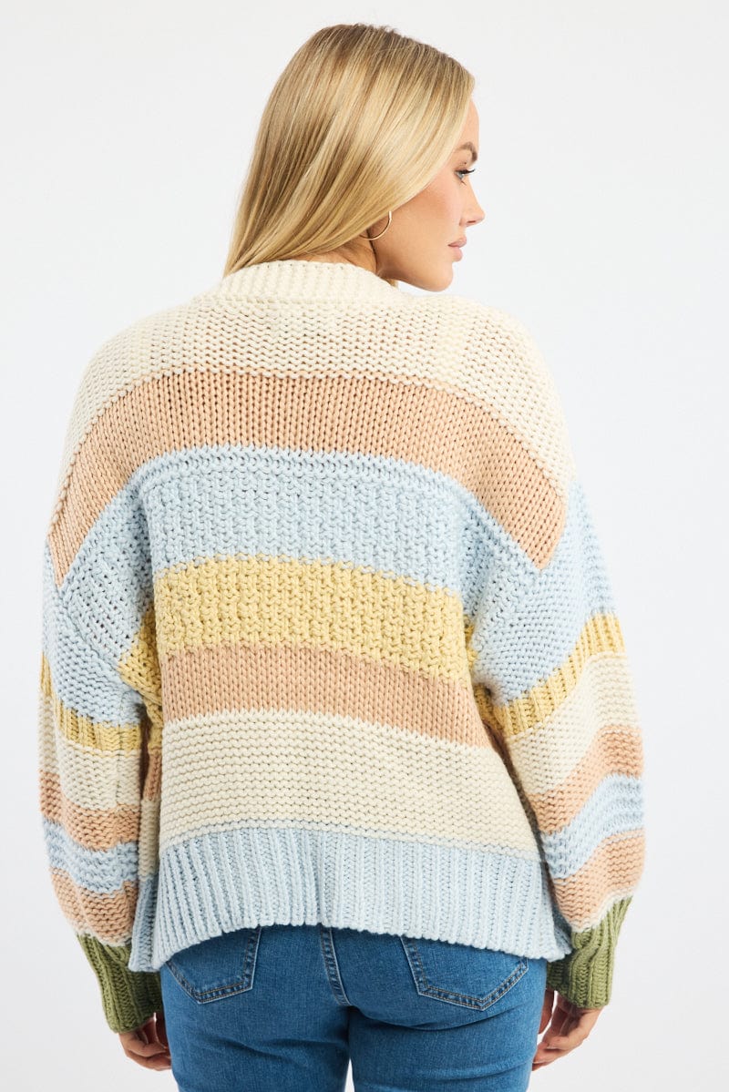 Multi Stripe Oversized Knit Cardigan Long Sleeve