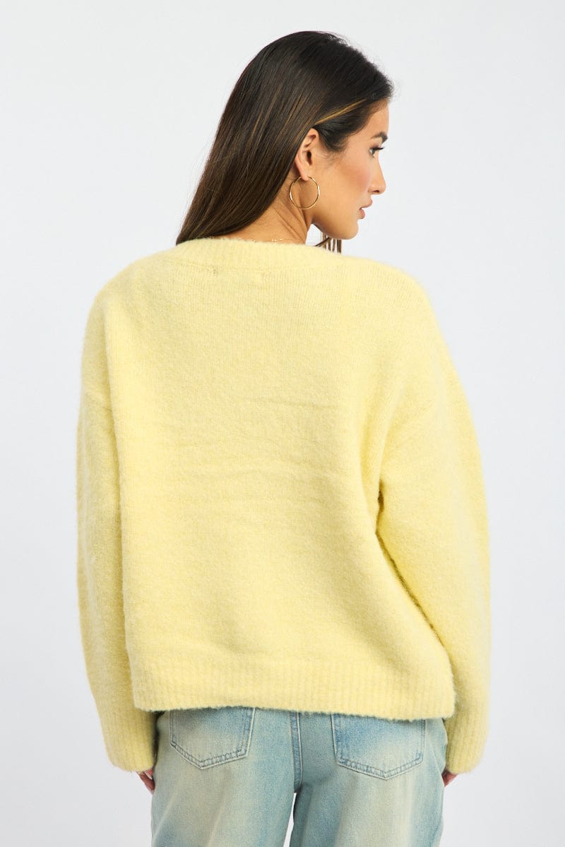 Yellow Knit Cardigan Crew Neck