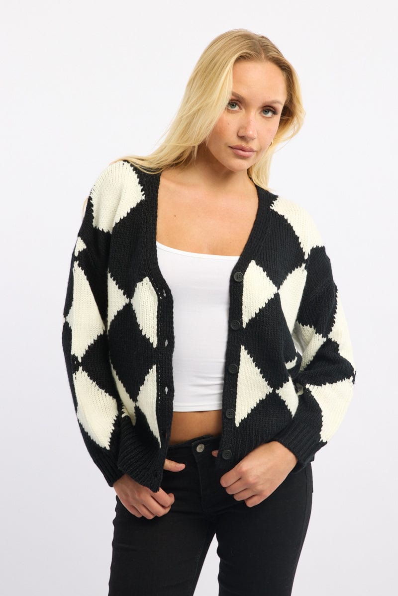 Black Check Knit Cardigan Long Sleeve V-neck