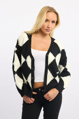 Black Check Knit Cardigan Long Sleeve V-neck