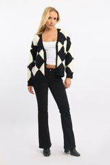 Black Check Knit Cardigan Long Sleeve V-neck