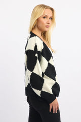 Black Check Knit Cardigan Long Sleeve V-neck