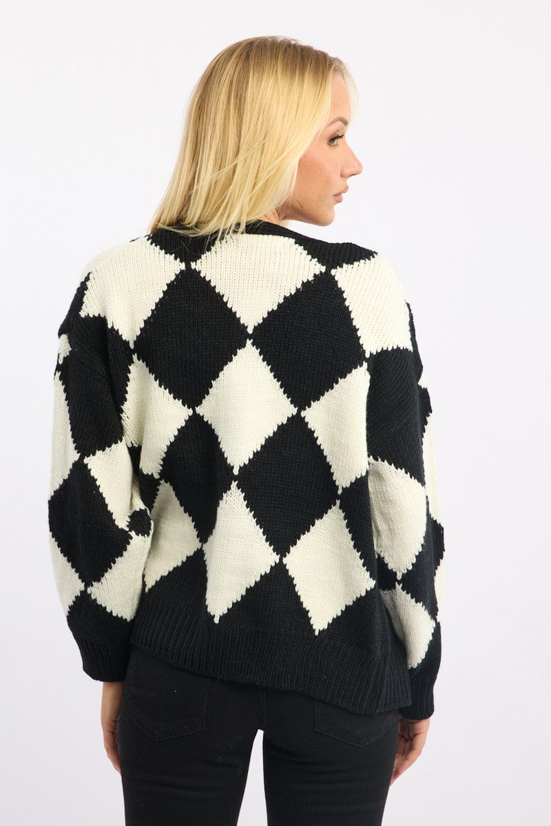Black Check Knit Cardigan Long Sleeve V-neck