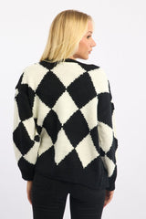Black Check Knit Cardigan Long Sleeve V-neck