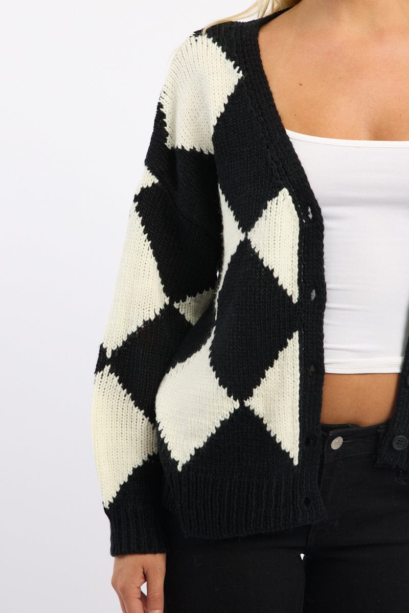 Black Check Knit Cardigan Long Sleeve V-neck