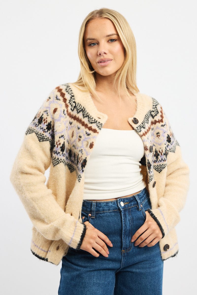 Beige Aztec Knit Cardigan Long Sleeve Crew Neck