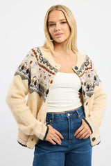 Beige Aztec Knit Cardigan Long Sleeve Crew Neck