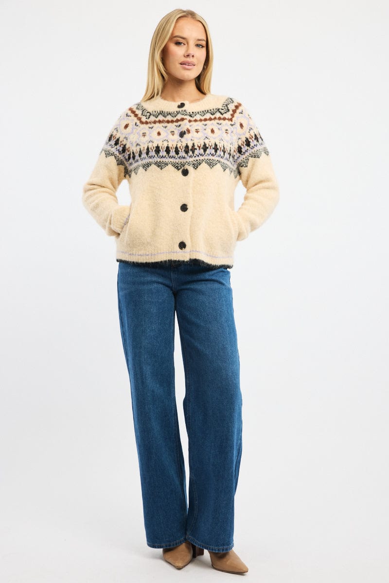 Beige Aztec Knit Cardigan Long Sleeve Crew Neck