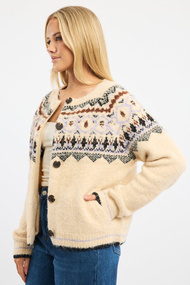 Beige Aztec Knit Cardigan Long Sleeve Crew Neck