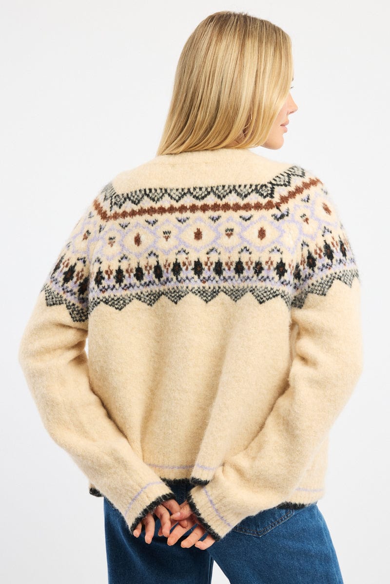 Beige Aztec Knit Cardigan Long Sleeve Crew Neck
