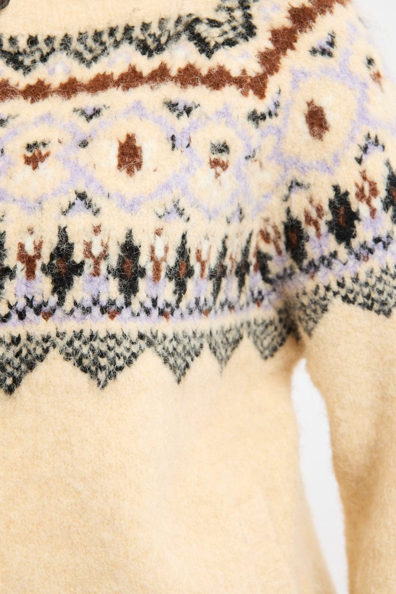 Beige Aztec Knit Cardigan Long Sleeve Crew Neck