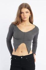 Grey Rib Knit V-neck Long Sleeve Top