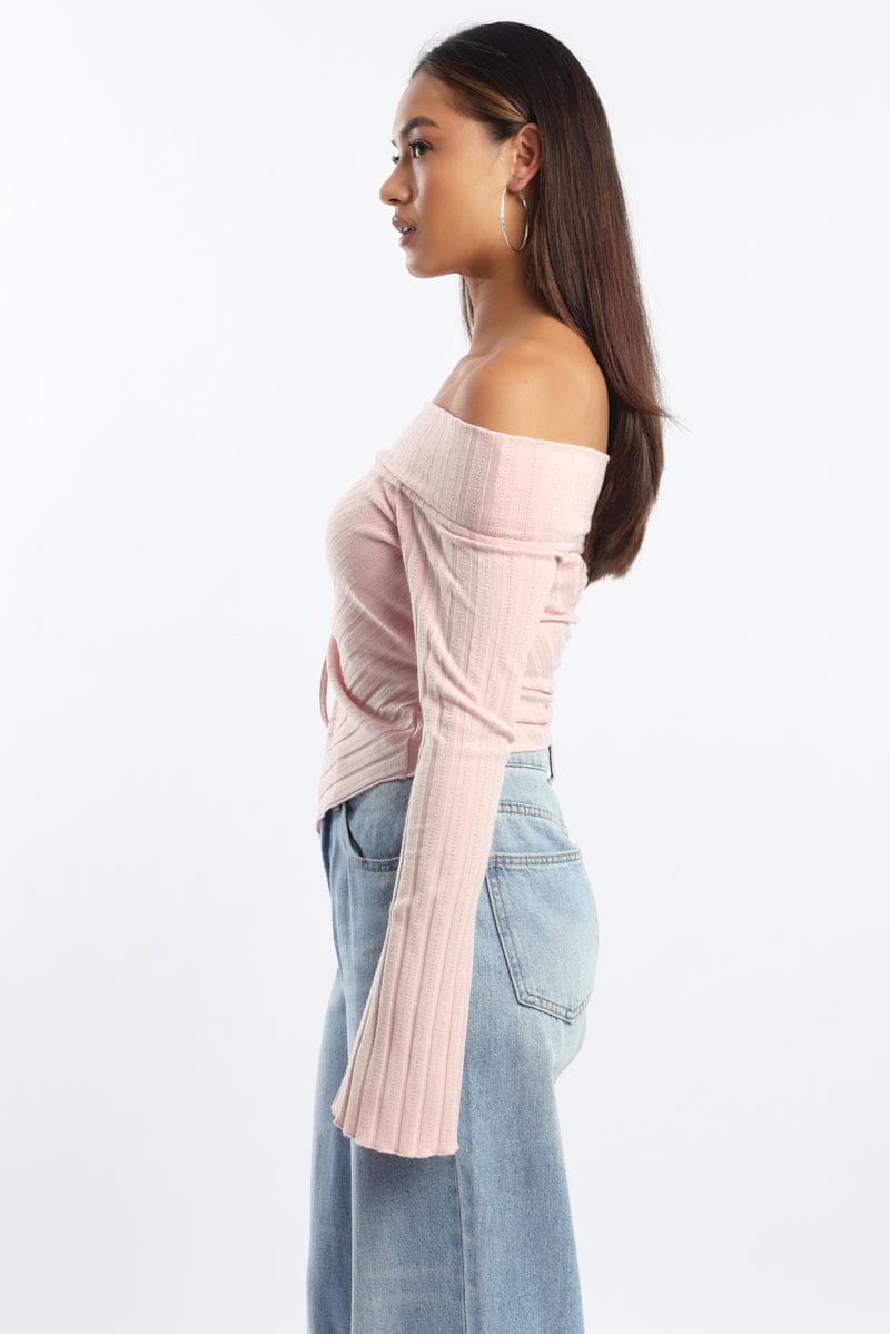 Pink Off Shoulder Top Long Sleeve Ruched