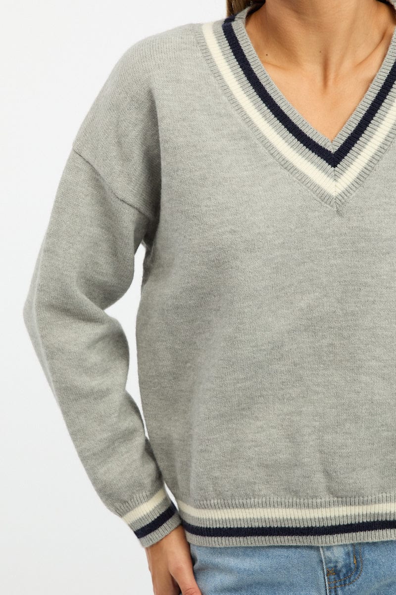 Grey Knit Jumper Long Sleeve V-neck