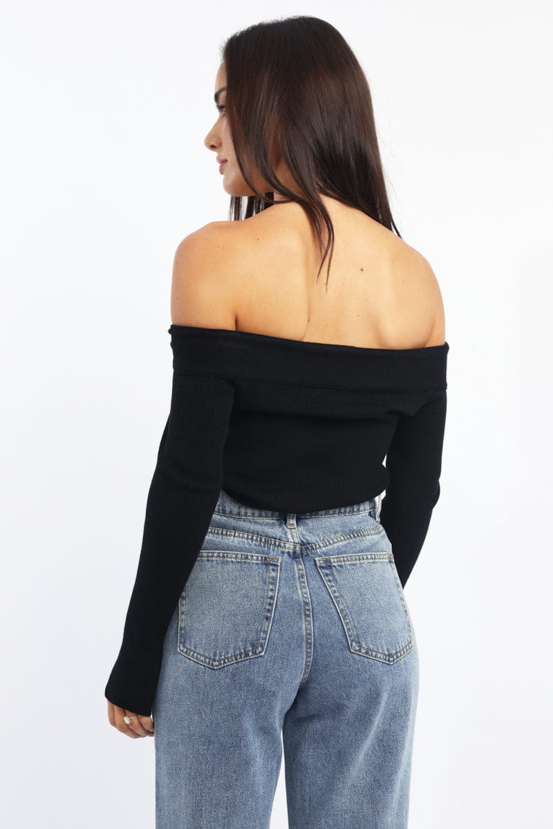 Black Knit Top Long Sleeve Off Shoulder