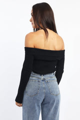 Black Knit Top Long Sleeve Off Shoulder