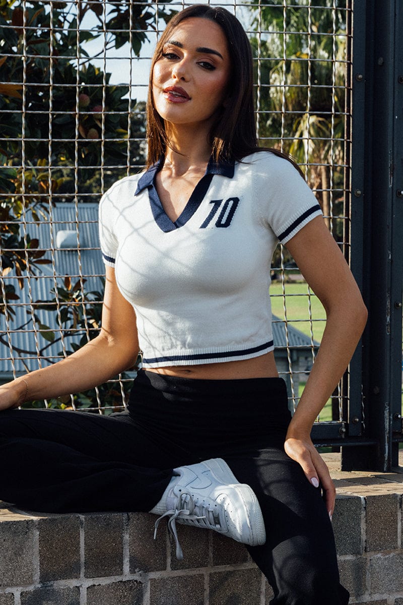 White Knit Top Short Sleeve Collared