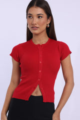 Red Knit Top Short Sleeve Ribbed
