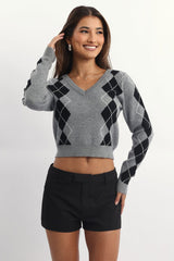Grey Check Knit Top Long Sleeve V-Neck Argyle