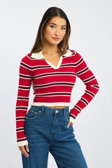 Red Stripe Knit Top Long Sleeve Collar