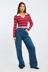 Red Stripe Knit Top Long Sleeve Collar