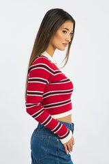 Red Stripe Knit Top Long Sleeve Collar