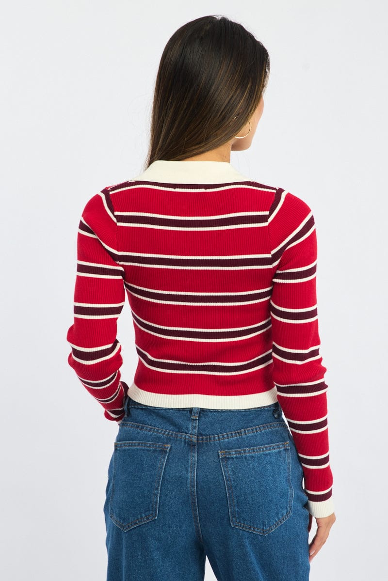 Red Stripe Knit Top Long Sleeve Collar