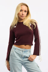 Red Crop Knit Top Long Sleeve Varsity Contrast Trim