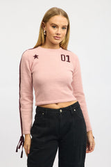 Pink Crop Knit Top Long Sleeve Varsity Contrast Trim