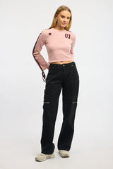 Pink Crop Knit Top Long Sleeve Varsity Contrast Trim