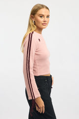 Pink Crop Knit Top Long Sleeve Varsity Contrast Trim