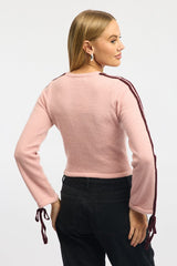 Pink Crop Knit Top Long Sleeve Varsity Contrast Trim