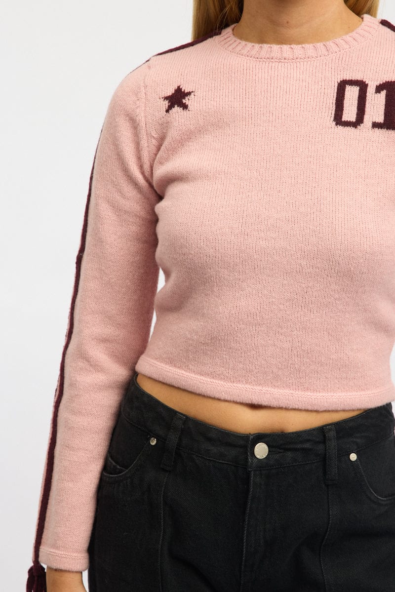 Pink Crop Knit Top Long Sleeve Varsity Contrast Trim